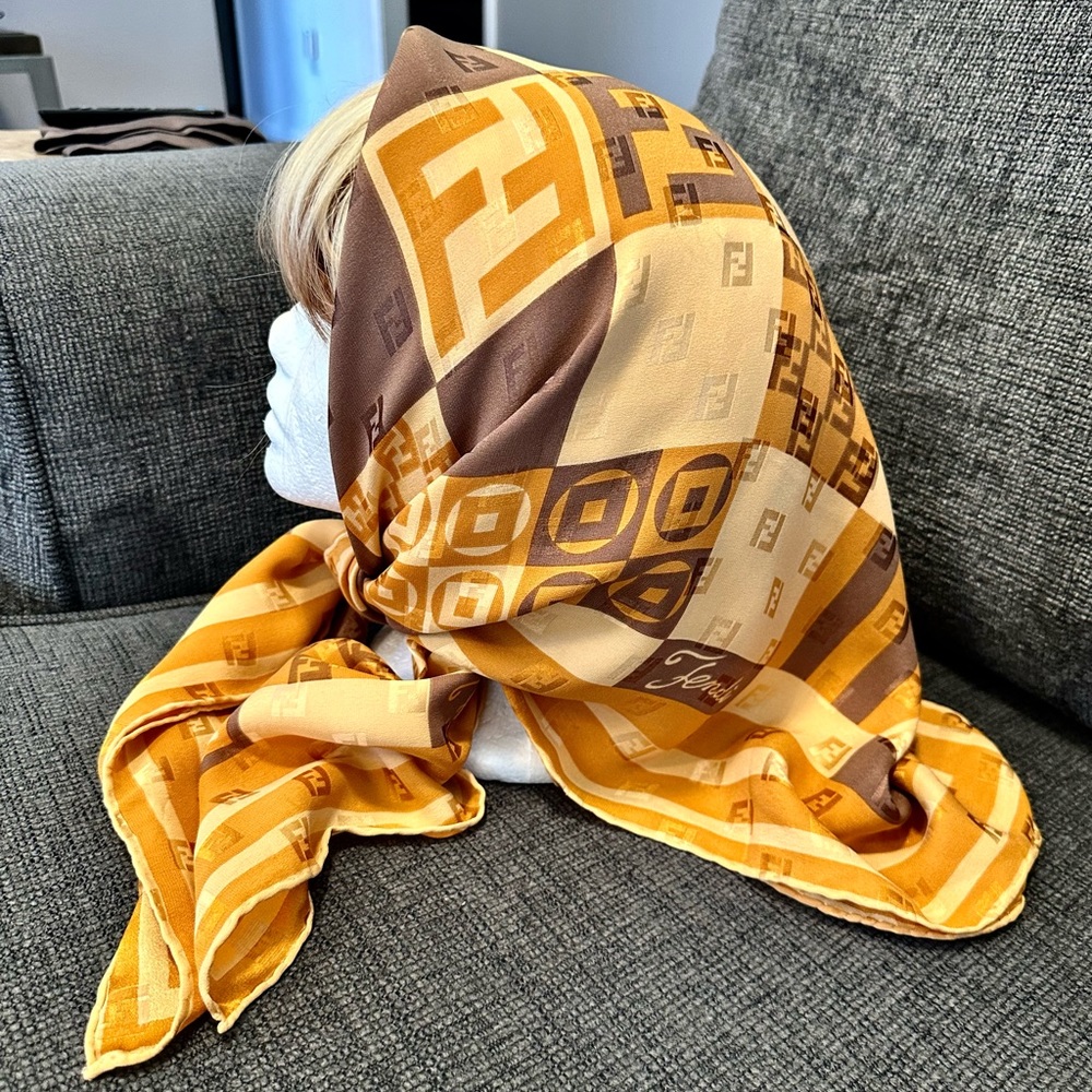 Fendi logo scarf hand rolled hem used 1x them dry cleaned 9/10 rating silk